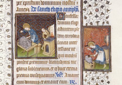Ms 62 f.215r St. Eligius tekemässä pyhäkköä; Pyhä Eligius alasimessa, Tuntikirjasta tekijältä Master of the Rohan Hours