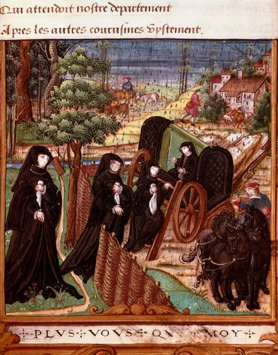 Esitys Navarran kuningattaresta Margarita Angoulemasta (1492-1549), jota ympäröivät hänen toverinsa naiset, jotka lähtevät vaunuihin kävelylle"" Sivu otettu Margaret of Angouleman käsikirjoituksesta "" La coche ou Debat d