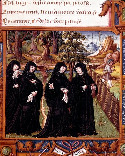 Esitys Navarran kuningattaresta Margarita Angoulemasta (1492-1549) keskustelemassa tovereidensa kanssa Sivu otettu Angouleman Margaritan käsikirjoituksesta "" La coche ou Debat d