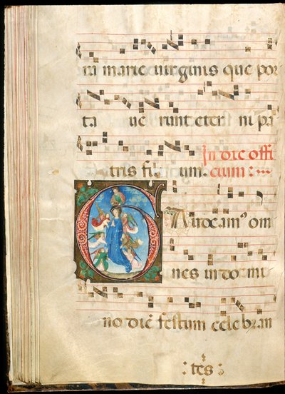 Neitsyt taivaaseenastuminen, f.72v asteittaisesta, 1400-luvun lopulta (muste, tempera ja kultalehti pergamentissa) tekijältä Master of the Saluces Hours (attr. to)
