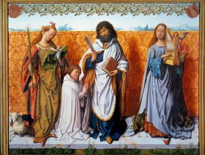 Pyhän Bartolomuksen alttarin keskipaneeli: Pyhä Agnes, Bartholome ja Pyhä Cecile lahjoittajan kanssa. Pyhän Bartholoman mestarin maalaus (1500-luku) Ec. Kaikki. tekijältä Master of the St. Bartholomew Altarpiece