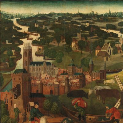 Pyhän Elisabetin päivän tulva Alttaritaulun vasen ulkosiipi, jossa on Pyhän Elisabetin tulva, 18.-19.11.1421, taustalla Dordrechtin kaupunki tekijältä Master of the St Elizabeth Panels