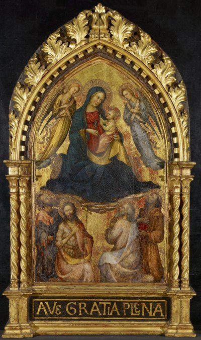 Neitsyt ja lapsi enkelien ja neljän pyhän kanssa, n. 1400-15 (tempera ja kultalehti paneelissa) tekijältä Master of the Straus Madonna