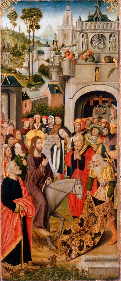 Kristuksen tulo Jerusalemiin, 1400-luvun toinen puoli. tekijältä Master of the Thuison Altarpiece