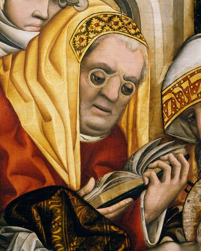 Pappi silmälasit, yksityiskohta Kristuksen ympärileikkauksesta tekijältä Master of the Tucher Altarpiece