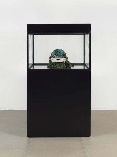 Alpha Omega, 2016 (Lasi, LCD-näyttö, mediasoitin, kopio kallosta, avaruuskypärä, puu) tekijältä Mat Collishaw