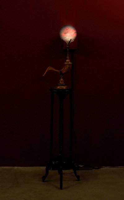 Horn Blower, 2002 (Lasi, vesi, messinki, pässinsarvi, puu, videoprojektori ja soitin). tekijältä Mat Collishaw
