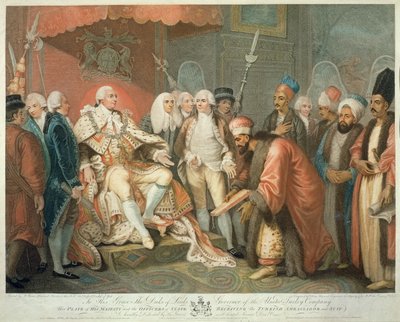 Hänen Majesteettinsa ja valtion upseerit vastaanottamassa Turkin suurlähettilään ja pukua, kaiverrus Daniel Orme (1767-s.1832), pub. kirjoittanut Edward Orme, 1797 (pistekaiverrus) tekijältä Mather Brown