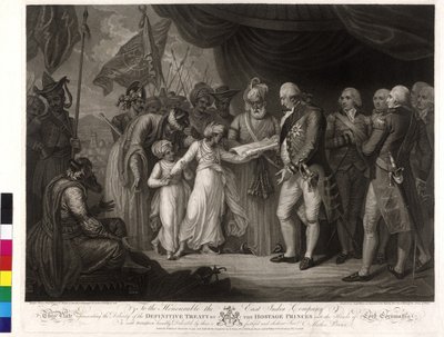 Pojat sulttaani Tipu kasvaa Lordi Cornwallis panttivangiksi luovuttamaan tekijältä Mather Brown