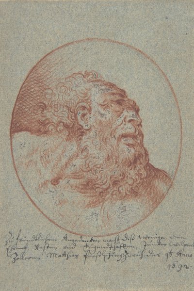Oikealta katsovan parrakkaan miehen pää, 1692. tekijältä Mathias Fussli