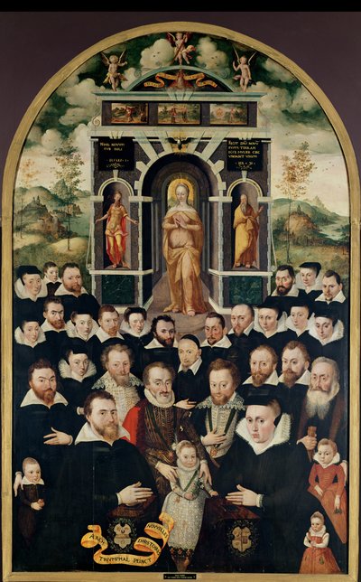 Allegorinen paneeli, joka kuvaa Neitsyt, Henri IV (1553-1610) ja Hoviherrat, lahjoittajat, hänen vaimonsa ja heidän perheenjäsenensä tekijältä Mathieu Prieur