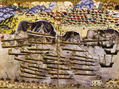Barbarossan laivasto talvehtimassa ranskalaisessa Toulonin satamassa, 1543, 1500-luvun puoliväli tekijältä Matrakci Nasuh