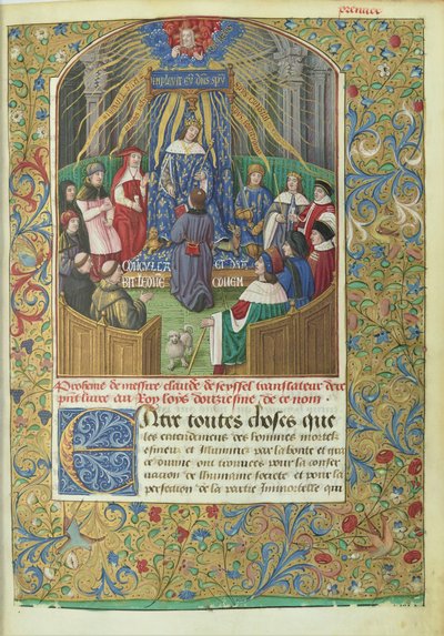 Claude de Seysselin kääntämä Ksenofonin Anabasis: omistuskohtaus, käsikirjoitus on kääntäjän lahja Ludvig XII:lle. tekijältä Maitre de Philippe de Gueldre