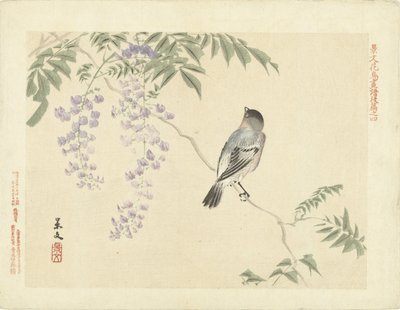 Lintu wisteria oksalla Kukka- ja lintupiirroksia Keibunista - kolmas osa (sarjan nimi) Keibun kacho gafu kohen (sarjan nimi esineessä) tekijältä Matsumura Keibun