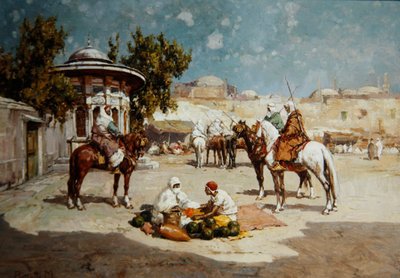 Arab Warriors in a Market Square, n. 1910 (öljy paneelissa) tekijältä Matteo Da Angelo Rossotti