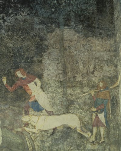 Miehet metsästävät koirien kanssa, yksityiskohta koristeellisesta kaaviosta La Chambre du Cerf Stag Room 1347 -freskosta. tekijältä Matteo Giovanetti