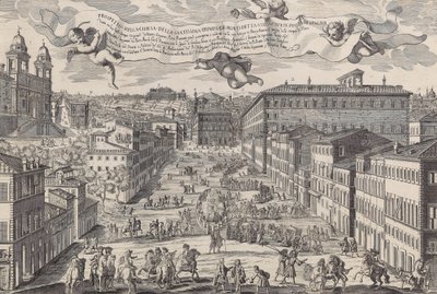 Santissima Trinita de Montin kirkon esite, joka tunnetaan yleisesti nimellä Piazza di Spagnia, 1696. tekijältä Matteo Gregorio de Rossi