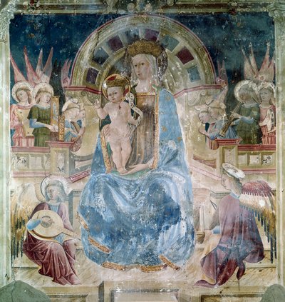 Neitsyt ja lapsi pyhien ja enkelien ympäröimänä Matteo da Gualdon (n. 1435-1507) fresko Saint Francois