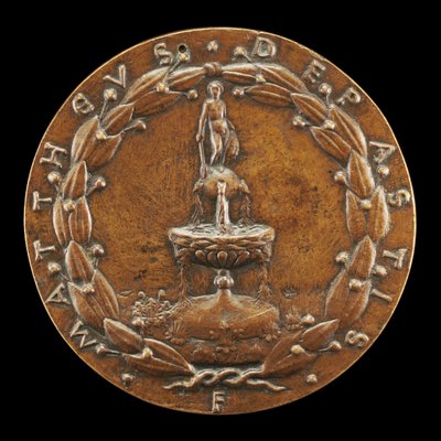 Suihkulähde alaston mieshahmon yllänä [kääntöpuoli], n. 1446. tekijältä Matteo di Andrea de Pasti