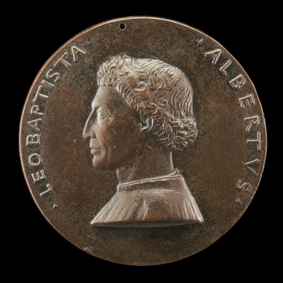 Leone Battista Alberti, 1404-1472, taiteen ja tieteen arkkitehti ja kirjailija [kääntöpuoli], 14461450. tekijältä Matteo di Andrea de Pasti