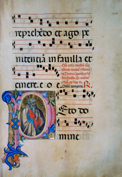 Valaistu alkukirjain, jossa arkkienkeli Mikael voitti demonit (Corale 5, n. 105v), Santa Maria degli Angelin kuorokirjaan 5 tekijältä Matteo di Filippo Torelli