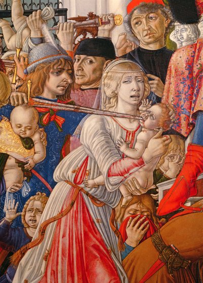 Viattomien joukkomurha, yksityiskohta, jossa sotilas lävistää vauvan miekallaan, 1482, tempera taululle, yksityiskohta kuvasta 106233. tekijältä Matteo di Giovanni di Bartolo
