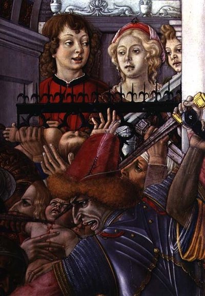 Viattisten verilöyly, yksityiskohta kahdesta katsojasta, jotka tarkkailevat verilöylyä palatsista tekijältä Matteo di Giovanni di Bartolo