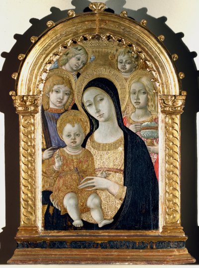 Neitsyt Jeesuksen lapsen kanssa, Pyhä Mikael, Pyhä Maria Magdaleena (maalaus puulle tekijältä Matteo di Giovanni di Bartolo