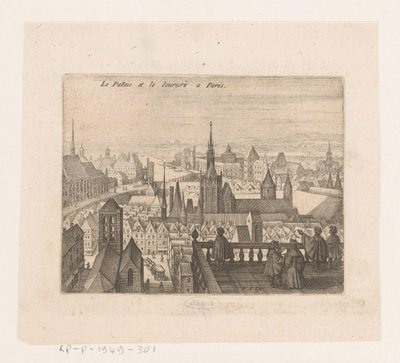 Kasvot Pariisissa Le Palais et le louvre a Paris (otsikko esineessä) Seitsemän ranskalaista maisemaa ja kaupunkimaisemaa (sarjan nimi) tekijältä Matthäus Merian (I)
