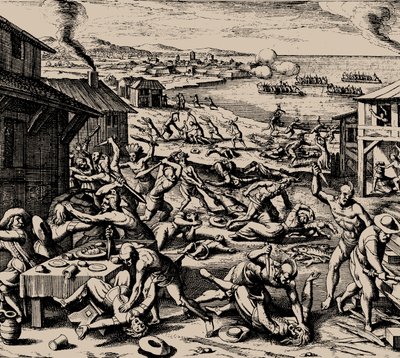 Powhatanin hyökkäys 22. maaliskuuta 1622, 1628. tekijältä Matthaus the Elder Merian