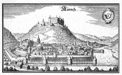 Aurach - ote teoksesta Topographia Sueviae (Schwaben) tekijältä Matthaus Merian