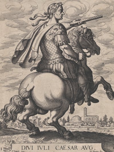 Levy 1: Keisari Julius Caesar hevosen selässä, teoksesta "Kaksitoista ensimmäistä roomalaista keisaria", af..., 1610-50. tekijältä Matthaus Merian