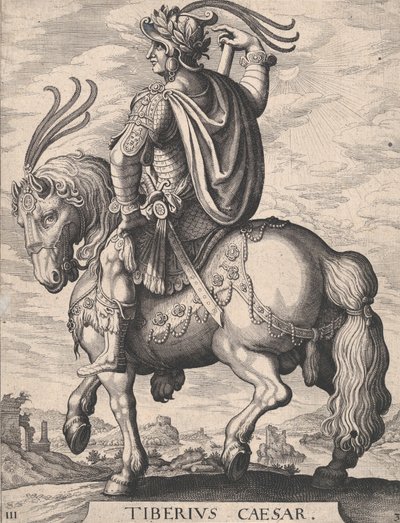 Levy 3: Keisari Tiberius hevosen selässä, teoksesta "Kaksitoista ensimmäistä roomalaista keisaria", The... jälkeen, 1610-50. tekijältä Matthaus Merian