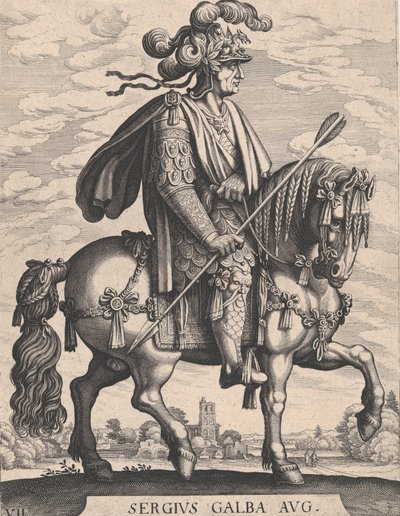 Levy 7: Keisari Galba hevosen selässä, teoksesta "Ensimmäiset kaksitoista roomalaista keisaria" Tempesin jälkeen..., 1610-50. tekijältä Matthaus Merian