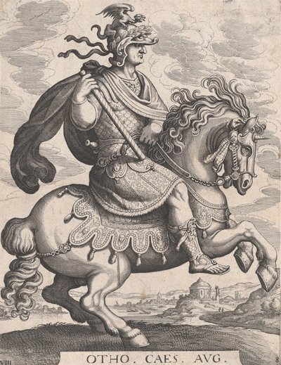 Levy 8: Keisari Otho hevosen selässä, teoksesta "Ensimmäiset kaksitoista roomalaista keisaria", Tempesin jälkeen..., 1610-50. tekijältä Matthaus Merian
