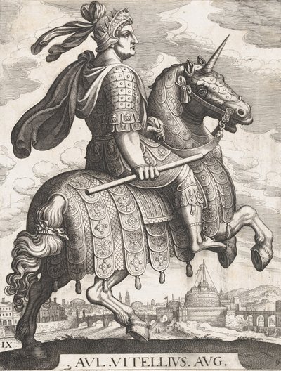 Levy 9: Keisari Vitellius hevosen selässä teoksesta "Ensimmäiset kaksitoista roomalaista keisaria" Te...n jälkeen, 1610-50. tekijältä Matthaus Merian