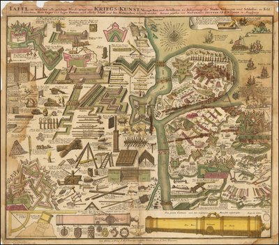 Seutterin vuonna 1720 laatima allegorinen kartta, jossa kuvataan sotataidetta maalla ja merellä. tekijältä Matthäus Seutter