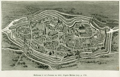 Mulhouse lentää vuonna 1642. Matthaus Merianin (1593-1650) kaiverrus havainnollistamaan tarinaa Alsacen ja Lorrainen kautta, Charles Grad, saksalainen deputer, vuonna 1885, tour du monde 1886, ohjaaja Edouard Charton (1807-1890) , Hachette, Pariisi. tekijältä Matthaus the Elder (after) Merian