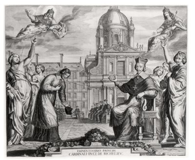 Robert de Sorbon (1201-94) ja kardinaali Richelieu (1575-1642) Sorbonnen edessä, kaiverrus Gregoire Huret (1606-70) 1639 tekijältä Matthaus the Elder Merian