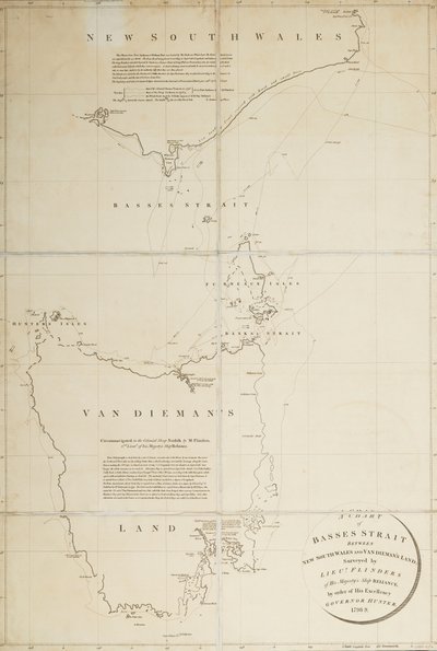 Uuden Etelä-Walesin ja Van Diemans Landin välisen Basses Straight -suoran kartta, jonka HMS "Reliance" -aluksen luutnantti Flinders on kartoittanut ... Kuvernööri Hunter tekijältä Matthew Flinders