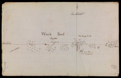 Karkeasti hahmoteltu kartta "Wreck Reef" -riutasta 1803, joka on peräisin amiraliteetin teknisten muistioiden ja kirjeenvaihdon kokoelmasta. tekijältä Matthew Flinders