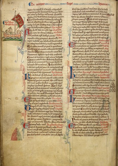 Royal 14 C. VII, f.116v Marginaalipiirros kuningas Henrik III:sta purjehtimassa Englannin kanaalin yli Bretagneen, osa saatetekstiä kirjoittajan omassa kädessä, kuvitus Historia Anglorumista tekijältä Matthew Paris
