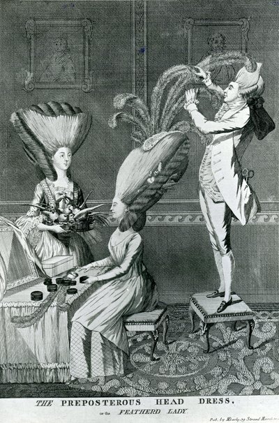 The Preposterous Head Dress, tai höyhenpeitteinen nainen, 1776. tekijältä Matthew or Matthias Darly