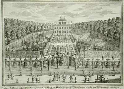 Näkymä ruhtinaskunnan asuinpaikasta lähellä Müncheniä, "Erlustierende Augenweide in Vorsetellung Herrliche Garten", kaiverrus Karl Remshard (1678-1735), julkaistu noin 1725 (kaiverrus) tekijältä Matthias (after) Diesel