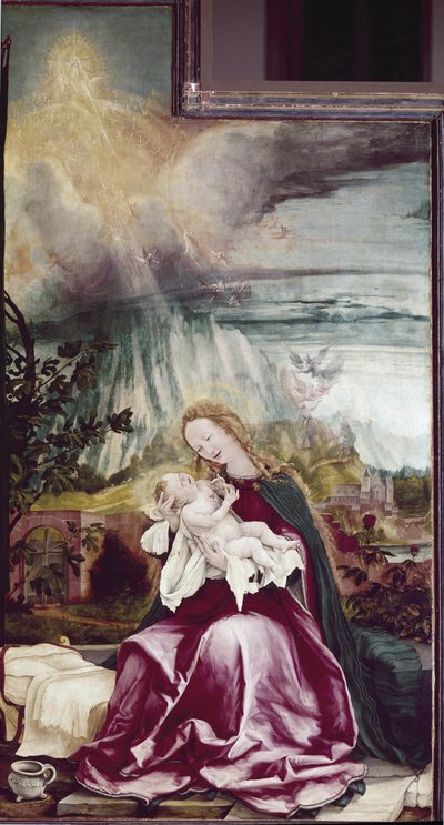 Allegoria syntyperäisestä. Issenheimin alttaritaulu (tai Isenheim) - Matthias Grunewaldin (n. 1475-1528) maalaus, öljy puulle tekijältä Matthias (c.1480 1528) Grunewald