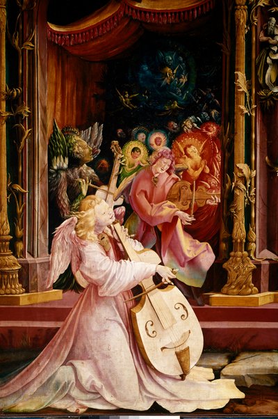 Issenheimin (tai Isenheimin) alttaritaulu: "" La Nativite"" Yksityiskohta Angels-muusikoiden konsertista. Keskellä oleva enkeli soittaa gamba-alttoviulua. Paneelit Mathis Neithardt Gothardt dit Matthias Grunewald (1480-1528) (ec.all.) 1512-1516 Dim. 265x30 tekijältä Matthias (c.1480 1528) Grunewald