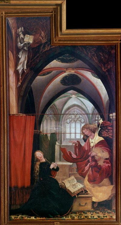 Issenheimin alttaritaulu (tai Isenheim): Mathis Neithardt Gothardt dit Matthias Grunewald (1480-1528) "Ilmoitus" -paneelit (ec.all.) 1512-1516 Colmar, Musee Unterlinden tekijältä Matthias (c.1480 1528) Grunewald