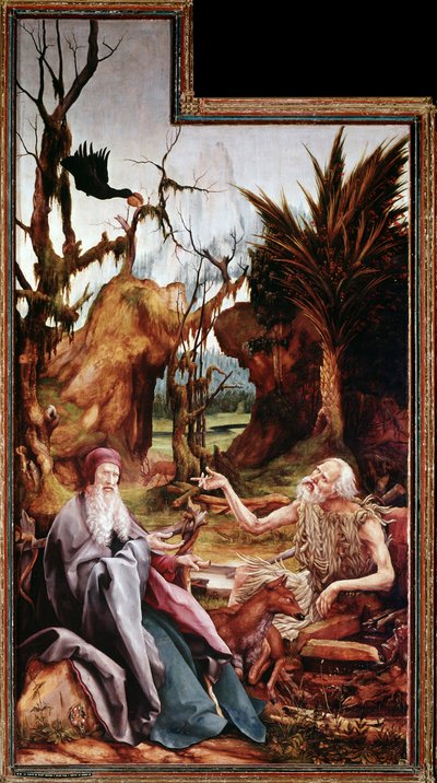 Pyhä Antonius Suuri ja Pyhä Paavali erämaassa, Issenheimin alttaritaulu (öljy paneelissa tekijältä Matthias (c.1480 1528) Grunewald