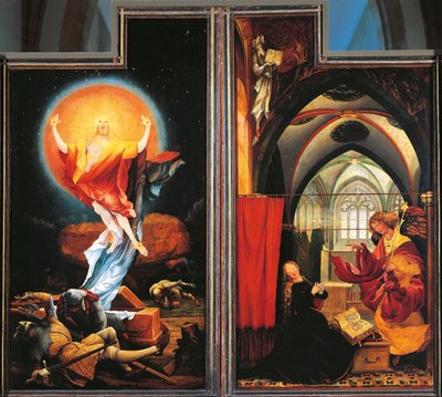 Kristuksen ilmestys ja ylösnousemus, yksityiskohta Isenheimin alttaritaulusta, n. 1512-16 (öljy paneelissa) tekijältä Matthias (c.1480 1528) Grunewald
