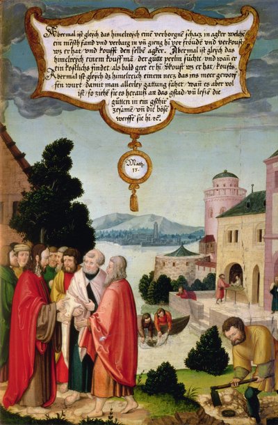 Taivaan valtakunta on kuin verkko, joka heitettiin mereen ja joka keräsi kaikenlaisia kaloja (Matt. 13), esimerkki Kristuksen opetuksesta, osa Mompelgarterin alttaritaulun siipipaneelista tekijältä Matthias Gerung or Gerou